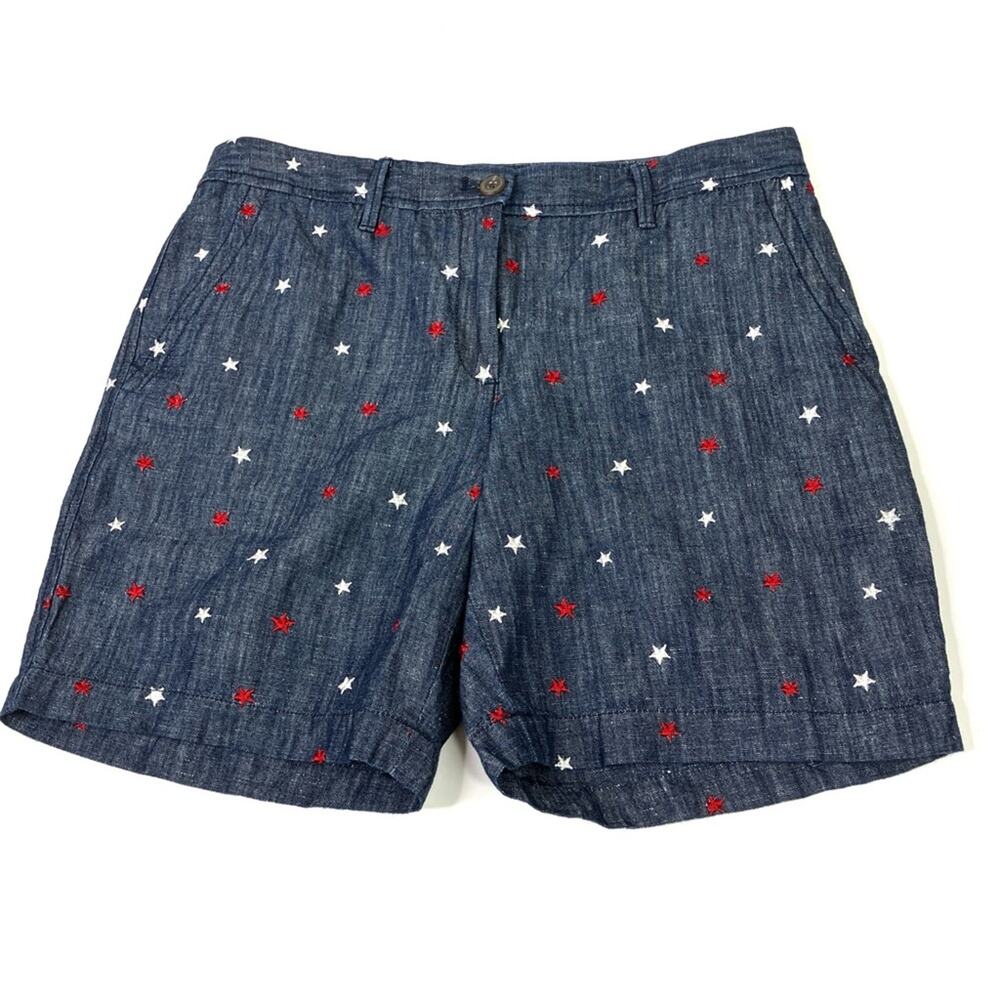 Talbots Relaxed Chino Short Dark Chambray Star Embroidered Cotton Linen 6